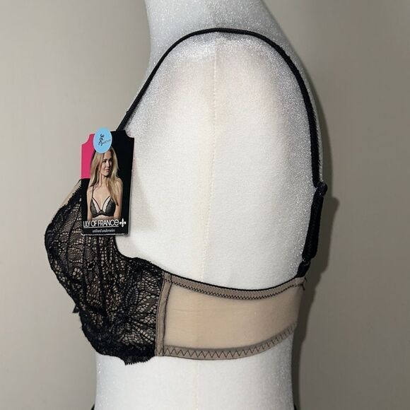 LILY OF FRANCE 36C Black Beige Unlined Lace Mesh Underwire Bra - Picture 6 of 11